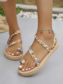 Plus Size Women's Woven Flat Sandals, Lightweight Non-Slip Beach Shoes With Rope Sole, Bohemian Style Holiday Slippers, Random Retro Pattern