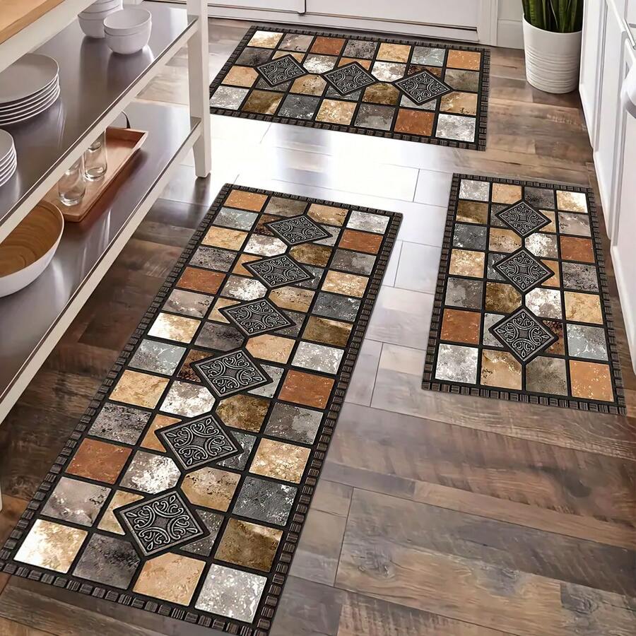 1pc Vintage Geometric Stone Brick Pattern Silicone Kitchen Mat, Absorbent Anti-Slip Anti-Fouling Mat - Suitable For Farmhouse, Entryway, Indoor Decor, Kitchen, Dining Room, Small Office/Home Office, Sink, Laundry Room