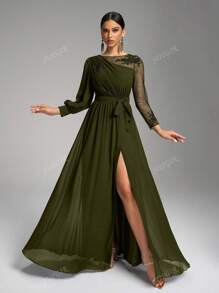 SUPGIR Vestido de noche elegante negro con cuello redondo, manga farol asimétrica, decoración de lentejuelas de lujo y cintura anudada