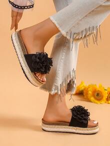 Damen Slipper mit dicker Sohle und Bohemien Blumenmuster für Zuhause und Outdoor - Schwarz - Übersicht 1