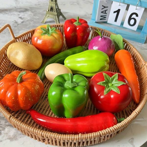 12pcs, Artificial Fruit Vegetables, Simulation Tomato, Cucumber, Chili, Pumpkin, Carrot, Onion, And Eggplant, Home Decoration Storefront Decoration,Fruit Vegetable Fruit Plate Bowl Ornament,Kitchen Restaurant Table Cabinet Party Decor