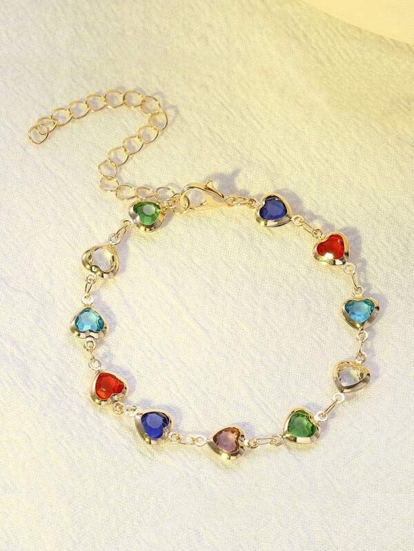 1pc Colorful Heart-Shaped Zirconia Dopamine Beaded Bracelet, Alloy Sweet Women Jewelry Chain, Suitable For Daily Wear, Dating, Festivals