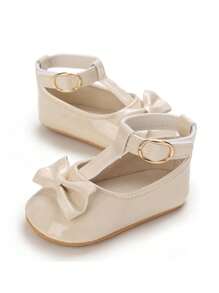 Newborn Infant Girls Princess Style Bow Decor Mary Jane Shoes, Non-Slip Rubber Sole Soft Walking Flats