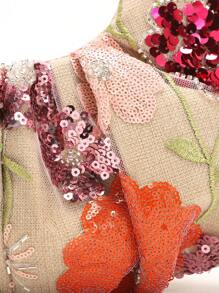 1 pieza Bolso de mano de mujer de diseño único con flores bordadas, volantes y detalles de malla y lentejuelas en contaste de colores, estilo verano/playa, con estampado floral enviado al azar