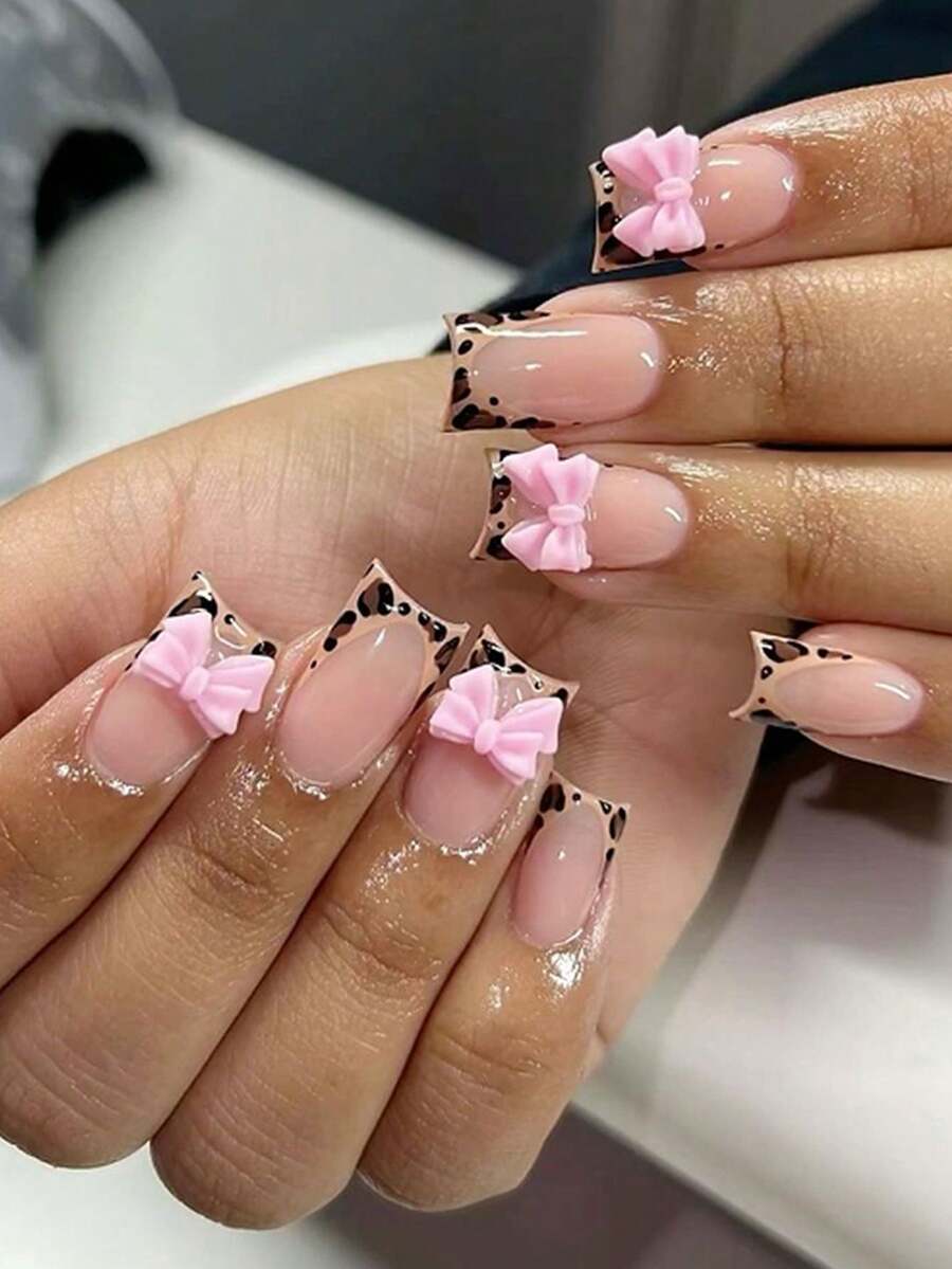 24PCS French Leopard Print Bow Square Press On Nails And 1 Nail File Strip+1 Double-Sided Tape - Multicolor - View 1