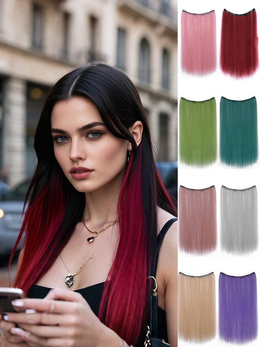 4pcs/Set Multi-Color Clip-In Hair Extensions - Shiny Pre-Straightened Synthetic Hair Extensions, Suitable For Music Festivals, Halloween, Christmas Parties, Rave Parties And Daily Wear (Single Piece, 10+ Colors)