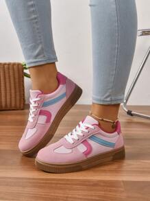 Women's Round Toe Lace-Up Contrast Color Flat Sneakers, Spring/Autumn Campus Style Fabric Trainer Shoes