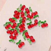 30/50pcs Cherry & Strawberry Resin Craft Supplies | Glossy Surface DIY Handmade Creative Accessories | Multi-Color Fruit Design With Green Leaves | Ideal For Creative Decoration - Multicolor - View 8