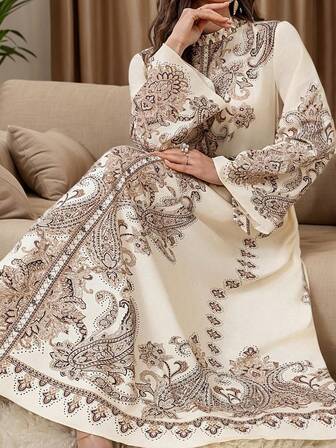 大码春夏新款优雅时尚佩斯利花卉印花小立领灯笼袖女式度假和宴会连衣裙（随机印花），端庄