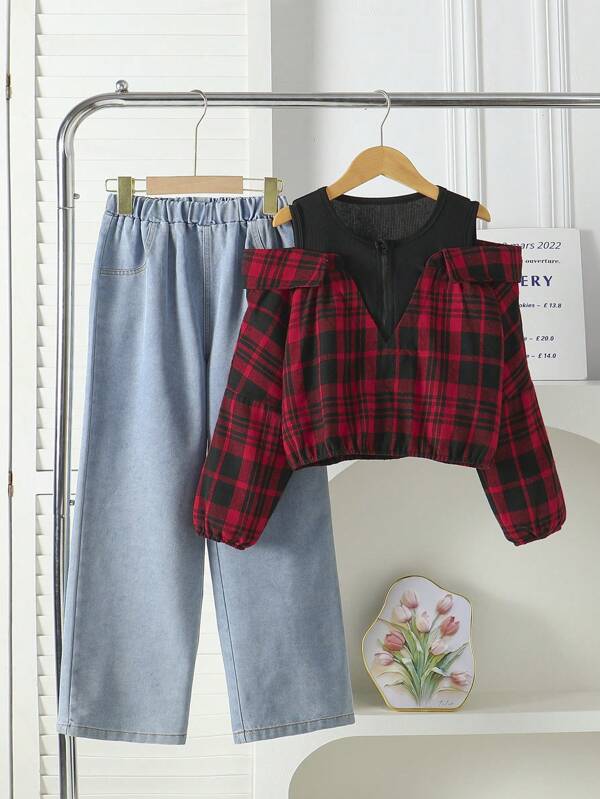 2pcs/Set Tween Girl Casual Colorblock Plaid Short Top And Straight Leg Denim Pants Suit, Spring/Autumn