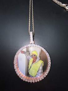 Customized Large Round Frame Photo Pendant Necklace, Brass & Zirconia Sparkling, DIY Photo, Hip Hop Daily Wear Jewelry, With 50cm Twisted Chain Gift, Silver, Stylish, Colorful, Vintage, Simple, Unisex, Casual, Cuties, Custom, Personalized, Unique, Ideal Gifts For Him, Middle School Students, High School Senior High School Students, College Students, University Students, Freshman, Sophomore, Underclassmen,Chic Autum, Chic Winter