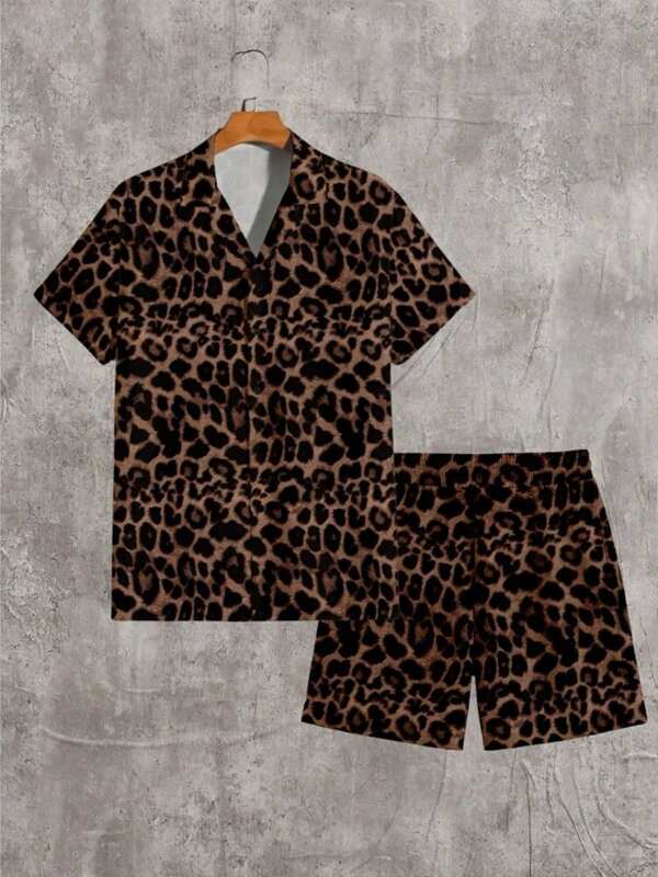 Camisa Conjunto Leopardo masculina slim fite Manga curta férias viscolinho