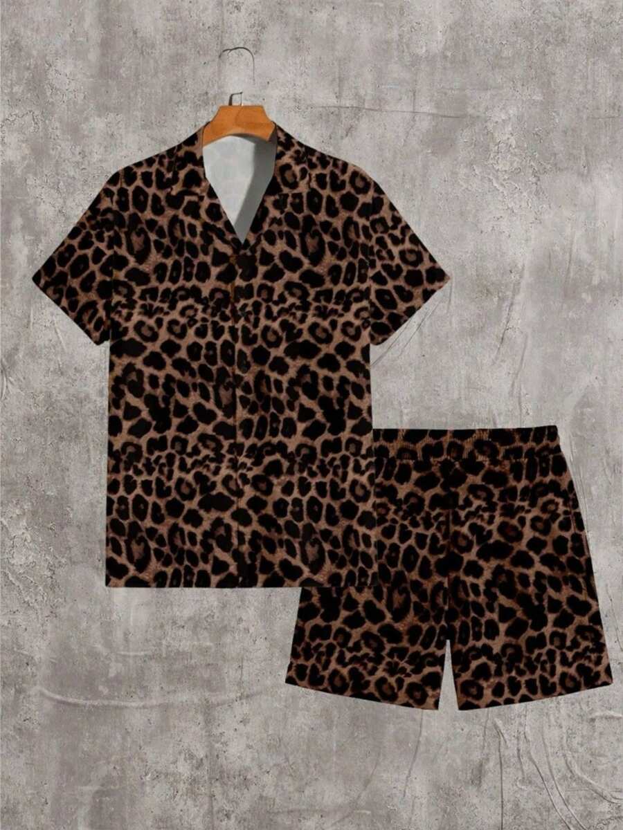 Camisa Conjunto Leopardo masculina slim fite Manga curta férias viscolinho