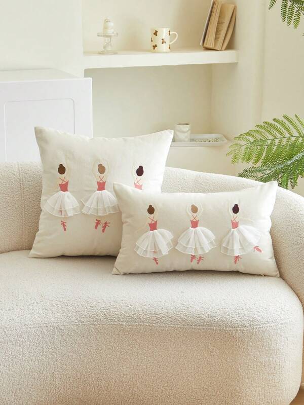 1pc Beige Ballerina Girl Embroidered Tulle Decorative Pillow Cover, Suitable For Indoor Decor, All Season Pillow Case, Covers Only