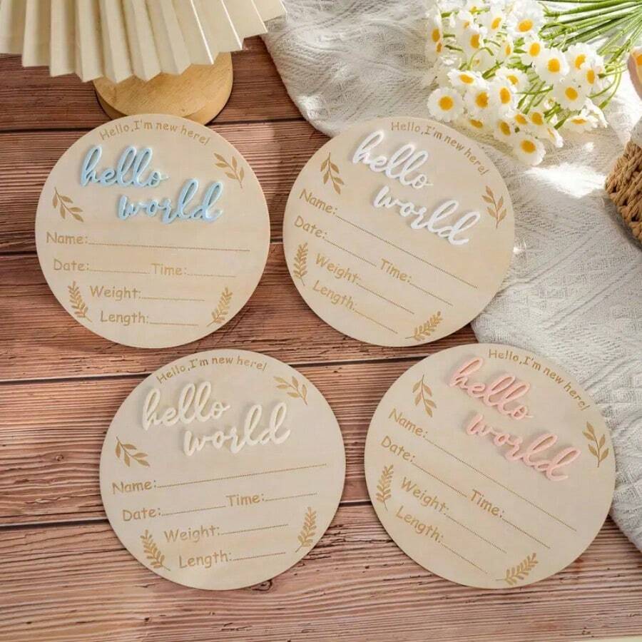 1 件木制婴儿出生公告牌匾、欢迎来到世界摄影道具、里程碑洗礼礼品卡、天然木材制成、里程碑圆形牌匾、出生公告和新生儿照片道具里程碑标记 - 彩色 - 查看 1