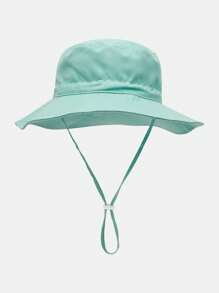 1pc Kids Sun Protection Bucket Hat With Windproof Rope, Simple Solid Color Or Cartoon Print Design, Thin Breathable Bucket Hat, Beach Hat And Bucket Hat Suitable For Daily Travel