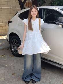 Petite White Embroidered Dress Casual Cute Mini Dress Overlay A-Line Cakes Skirt For Summer
