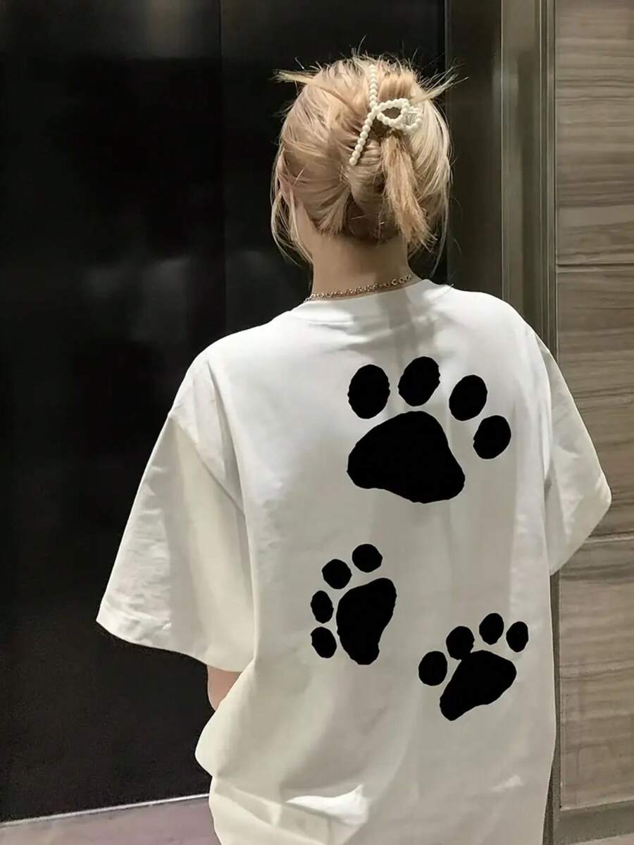 Japanese Style Women's Casual Loose Fit Round Neck Versatile Printed Short Sleeve T-Shirt, Spring/Summer - White - View 1