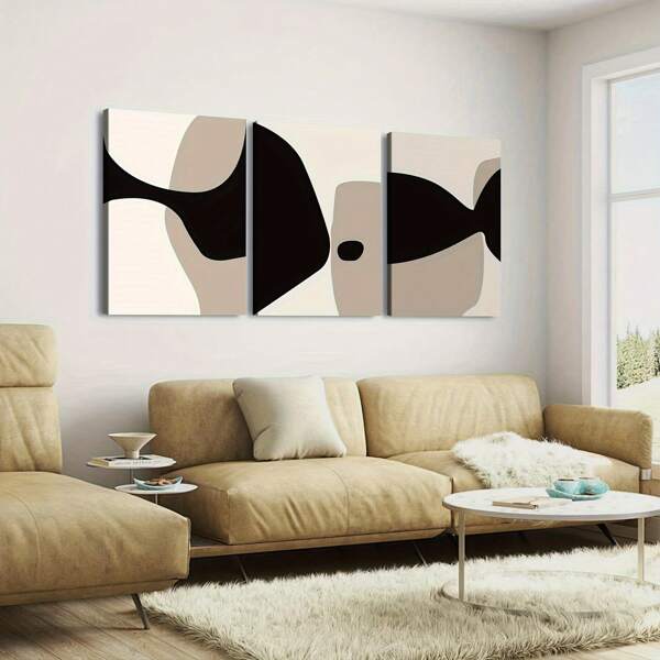 Juego de 3 obras de arte abstractas modernas y minimalistas en tonos neutros de negro y beige para decoración de granero, arte de pared para dormitorio, sala de estar, imprimible, marco de madera