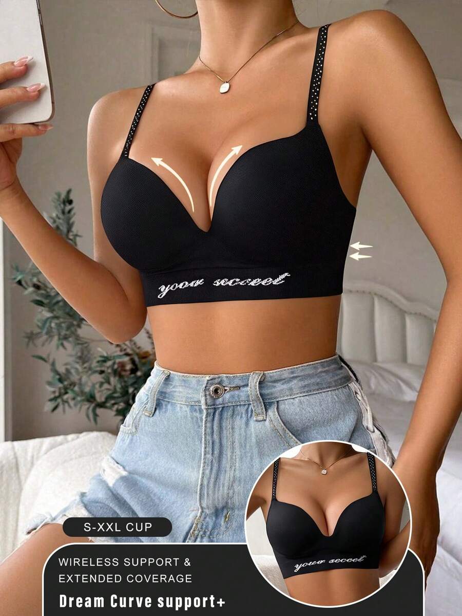 1pc Women's Minimalist Solid Color Comfortable Simple Bra, Seamless Deep V High Elasticity Knit Fabric Women's Underwear, Wireless Casual Bra