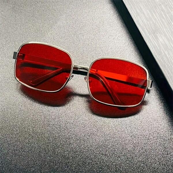 1 pieza Gafas de moda de aviador vintage para hombre, con marco de metal pulido y lentes rojos, estilo rectangular adecuado para eventos y atuendos casuales, gafas de moda elegantes | Gafas de moda rectangulares | Lentes de policarbonato para verano, playa, vacaciones, al aire libre, viaje