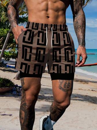 男士双层印花休闲运动沙滩短裤，夏威夷风