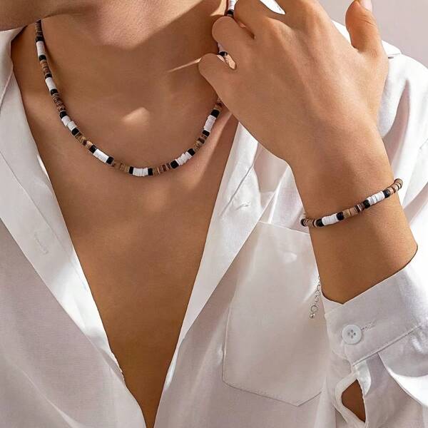 Conjunto de 2 peças: colar e pulseira de contas de madeira - acessórios de moda versáteis e sofisticados