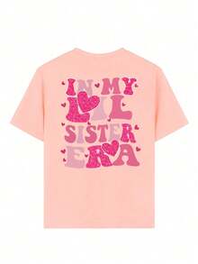 Girls' Casual Letter Print Round Neck Short Sleeve T-Shirt, Summer Top - Pink - View 3