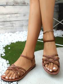 New Woven Cross-Strap Slip-On Flat Sandals, Casual Versatile Beach Shoes, Lightweight & Comfortable, Brown, White, Black - Brown - View 6