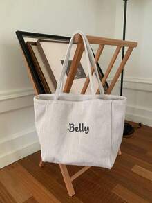 (Customized) Simple And Versatile Canvas Tote Bag With Your Name Embroidered, Large Capacity, Korean Style, Suitable For School, Travel, Outdoor Activities, As A Unique Gift For Graduation, Mother's Day, Or Special Occasions - White - View 2