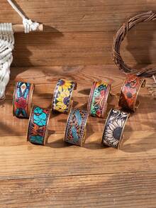 1件复古乡村西部风格向日葵玫瑰PU印花开口手镯，女士独特配饰，时尚装扮之选 - 多色B - 查看 3