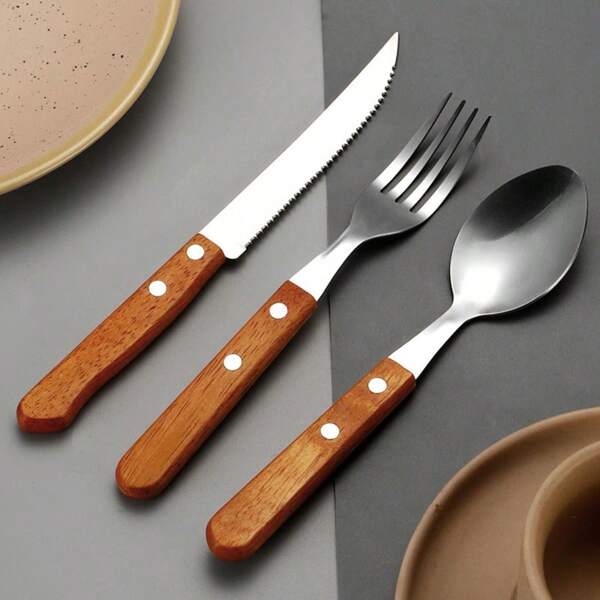 1-3pcs Stainless Steel Western Dinnerware Set, Includes Steak Knife, Fork, Spoon With Wooden Handle,School Supplies