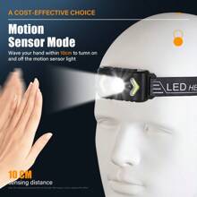 Hoofdlamp met 5-standensensor, snel opladen via Type-C, 1200 mAh, lange levensduur, handgolfsensor + COB-vullicht, geschikt voor nachtvissen, wandelen en hardlopen