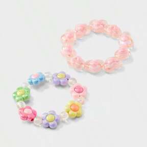 Girls' 2pk Flowers And Hearts With Beads Stretch Bracelet Set - Cat & Jack™️: Acrylic, Pull-On, 3 Years And Up