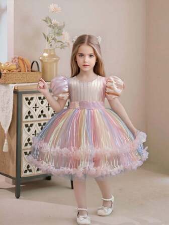 1 件女童闪亮柔软亮片芭蕾舞裙 - 优雅公主风格，泡泡袖，网眼裙和腰带 - 非常适合生日、洗礼和钢琴演奏会