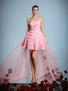 Elegant Mini Bridal Gown With Intricate 3D Flowers & Lightweight Netted Tulle Trail – Perfect For Summer Weddings, Garden Parties, Luxury Ceremonies, Or Formal Evening Events, Bride