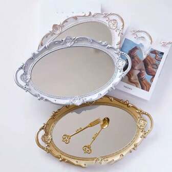 1pc Vanity Mirror Tabletop Decor, Retro Style Mirror, Jewelry Display Tray, Photography Prop, Metal Mirror Tray For Cosmetics & Desserts Back To School