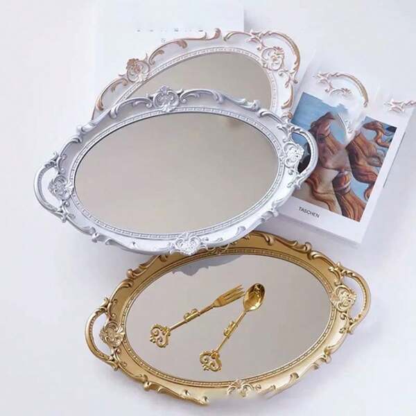 1pc Vanity Mirror Tabletop Decor, Retro Style Mirror, Jewelry Display Tray, Photography Prop, Metal Mirror Tray For Cosmetics & Desserts Back To School