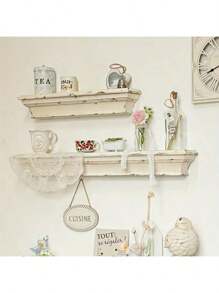 1 Piece French Vintage Country Style Wall Shelf - Natural Wood Wall Hanging Storage Shelves With Decorative Accents, Scandinavian White Home Furnishings For Living Room, Kitchen & Entrance Display Stand | Aged Wood Grain Effect | Sturdy Wooden Construction Kitchen Decor