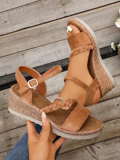 Plus Size Women's Wedge Heel Sandals, High Heels 2025 Summer New Fashion Fairy Style Solid Color Vacation Bohemian