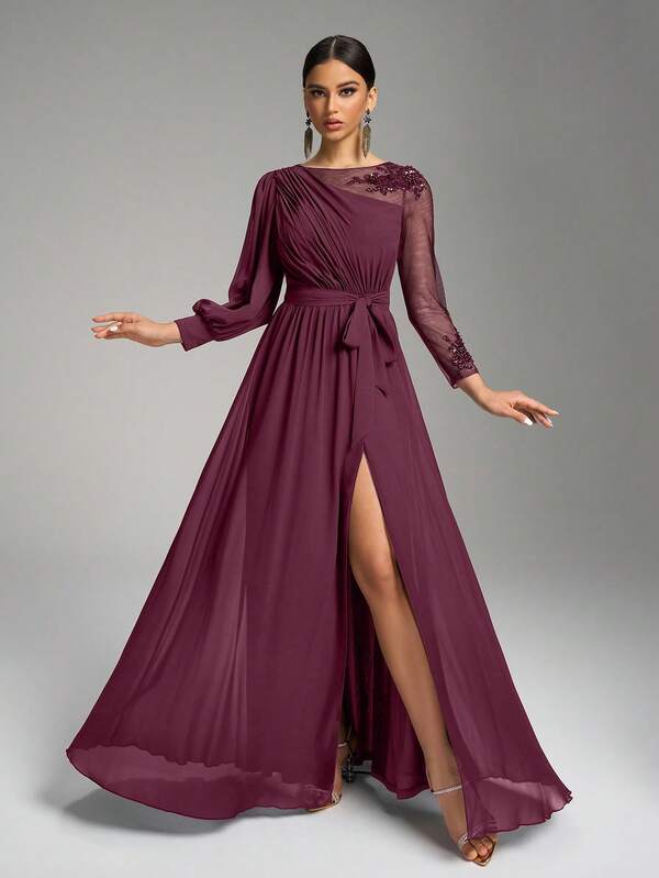 SUPGIR Asymmetrical Lantern Sleeve Round Neck Black Dress, Embellished With Luxury Sequins, Tie-Waist Design, Elegant Evening Gown