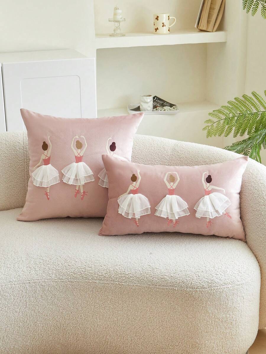 1pc Pink Embroidered Ballerina Girl Decorative Pillowcase, Suitable For Indoor Decoration, All Season Pillowcase, Pillow Insert Not Included