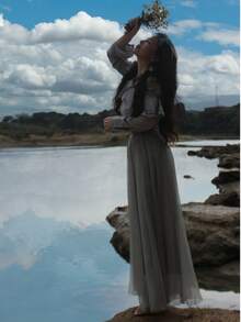 LUCIDVUE 1 Piece Summer Outfits For Women Skirt Peacock Blue Glittering Fabric Double Chiffon Skirt Two Ways To Wear It Beach Vacation Outfits Big Swing Elegant Skirts Return Long Dresses - Light Grey - View 2