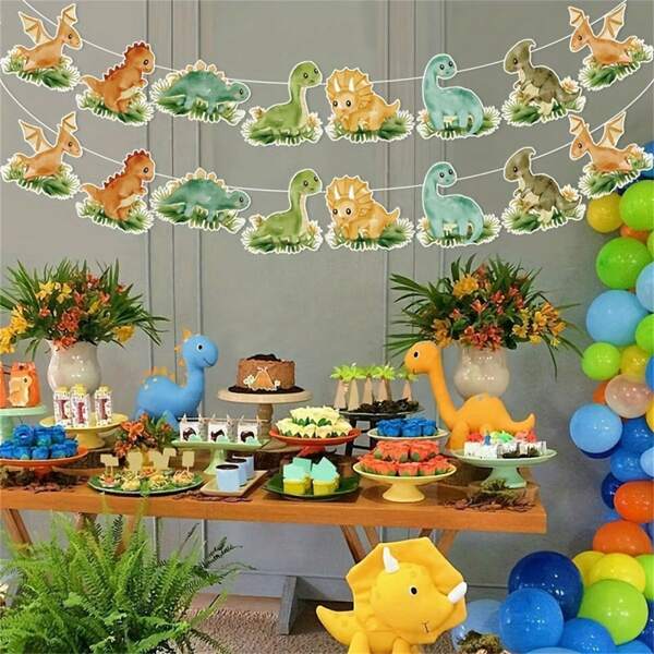 Dinosaur-Themed Party Banner Decorations For Birthday Celebrations And Babyshower, Green Forest Birthday Decoration (2 Rows Per Set). Includes Dinosaur Paper Banner, Hanging Flags, Happy Birthday Garland Banner, And Versatile Hanging Decorations.