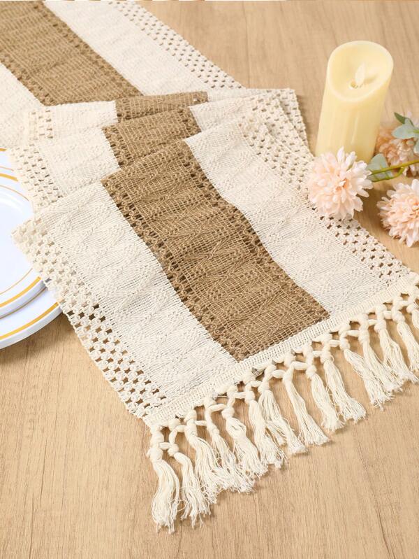 1Pc Bohemian Table Runner With Tassels,30*120/150/180/220cm Linen Table Cover,Table Cloth With Rustic Farmhouse Cream Brown And Beige Striped Design,Placemat,Ideal For Dining Room, Bedroom, Living Room Decor, Wedding Party Decor,Farm Country Style Decor,Bridal Shower Favors,Birthday Party Table Decor,Babyshower Gender Reveal Party Supplies,Kitchen Decor,Table Decor,Desktop Decor,Decorative Tassels,Christmas Decorations,Christmas Party Supplies