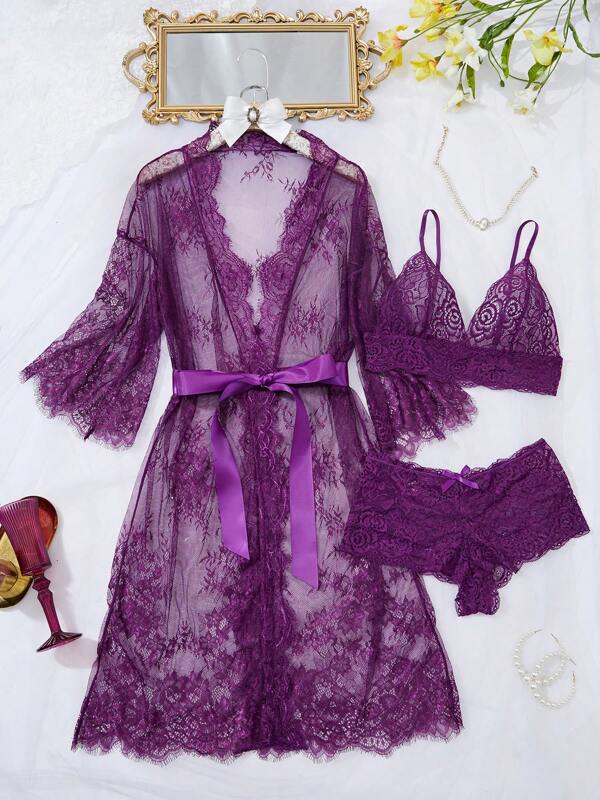 Deep V-Neck Lace Sheer Fashionable Alluring Design Sleepwear Set, Sexy Women's Nightwear