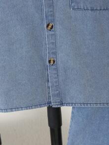 2pcs/Set Older Boys Casual Fashion Solid Color Denim Shirt And Denim Shorts Set - Blue - View 5