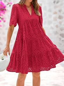Women Summer Embroidery Eyelet  Short Dress V Neck Short Sleeve Hollow Out Lace Ruffle Tiered Flowy Mini Dress Solid White Casual Boho Bohemian Resort Beach Holiday Vacation Valentine Babydoll Mini Short Dress - 紅色 - 查看 4