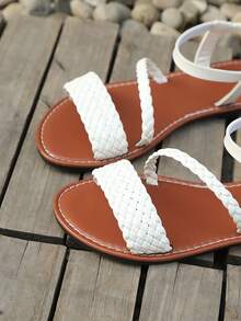 Neue Mode Sandalen Frühling/Sommer 2025, atmungsaktiv, runde offene Zehenpartie, rutschfeste weiche Sohle, geflochten, vielseitig, vintag, Lässig Römersandalen für den Strand, Weiß/Schwarz/Braun - Weiss - Übersicht 6