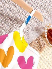 Vestido de línea A sin mangas con estampado de corazones colorido y dulce para niña, vestido de verano casual y lindo - Multicolor - Ver 4